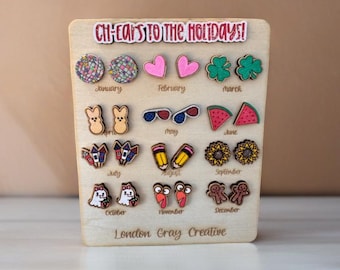 Holiday Stud Earring Set, 12 Month Seasonal Earrings, Handmade Wood Earrings, Cute Teacher Earrings, Gift for Teen Girls