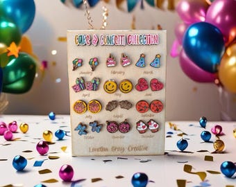 Birthday Month Earring Collection | 12 Pair Handmade Wood Stud Earrings | Birth Month Gift | Cute Earrings for Girls & Women
