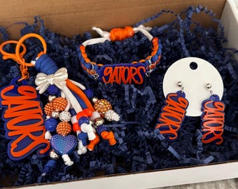 Personalized Game Day Gift Box | Custom Team Bracelet, Earrings & Tassel Keychain | Football Fan Gift | College Spirit Box | Team Colors