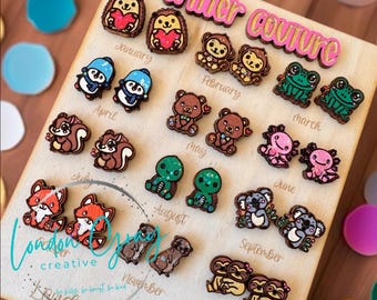 Critter Couture - 12-Pair Adorable Animal Earring Collection | Custom Wood, Engraved and Hand-Painted - Purchase a pair or the entire set!