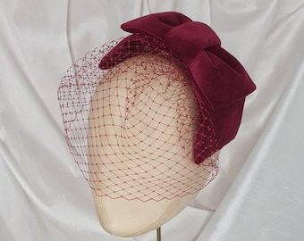 Wine hair bow/hair bow with veil/Fascinator/Cocktail hat/Vintage style hat/Velvet hair bow/Hat with veil/Handmade/red hair bow