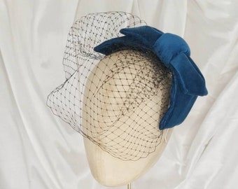 Teal Velvet Hair Bow Fascinator: Handmade Cocktail Hat with Veil