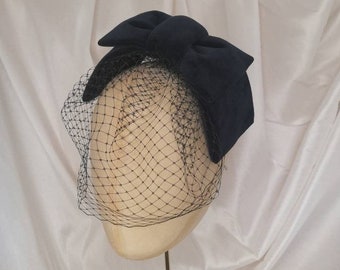 Velvet Bow Fascinator: Black Veiled Cocktail Hat, Pin Up Hair Accessory