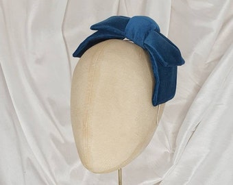 Teal Blue Velvet Bow Headband: 50s 60s Style Fascinator