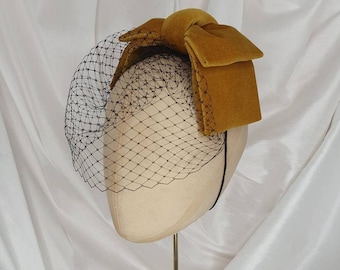 Gold Velvet Bow Headpiece with Birdcage Veil: Wedding Cocktail Hat