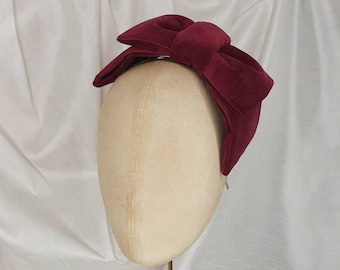 Wine Velvet Bow Headband: Handmade 1950s Style Fascinator