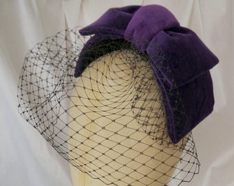 Purple Velvet Bow Fascinator: Veiled Cocktail Hat, Pin Up Wedding Accessory