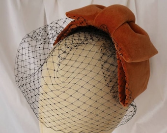 Velvet Burnt Orange Hair Bow with Birdcage Veil - Cocktail Hat