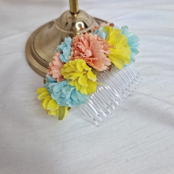 Peach yellow blue hair comb/flower hair comb/small hair flower/Pin Up Curl/small hair flower/wedding accessory