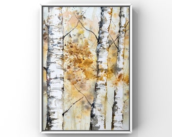 May include: Watercolor painting of a birch tree forest with white bark and yellow leaves. The trees are painted in a realistic style with a soft, dreamy feel.