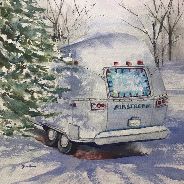 Airstream Trailer Camper Winter, Holiday or Christmas Print or Handmade Card Set of Original Watercolor Painting