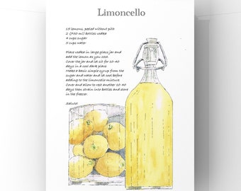 Limoncello Recipe Watercolor Print: Italian Kitchen Art or Note Cards