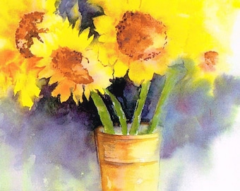 Sunflowers Print or Greeting / Note card set of 6-Original Sunflower Handpainted Watercolor