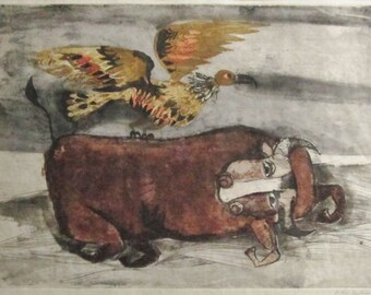 Graciela RODO-BOULANGER, Original Etching, Vulture and Buffalo, Signed EA Proof Framed, Free Shipping