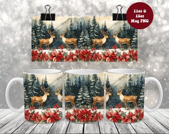 Christmas Deer Mug Wrap PNG, Xmas Poinsettias 11oz 15oz Mug Sublimation Design, Festive Winter Holidays Mug PNG, Digital Download