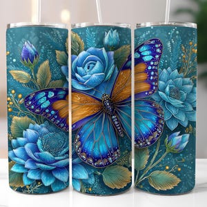 Blue Butterfly Floral 20 oz Skinny Tumbler Sublimation Design Digital Download PNG Instant Blue Flowers Butterfly Tumbler Wrap PNG