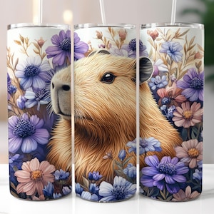 Capybara Tumbler Wrap 20oz Skinny Animal Tumbler Wrap Sublimation Design Purple Floral Flowers Capybara Tumbler Wrap PNG Instant Download