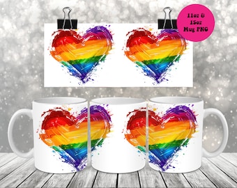 Rainbow Heart Mug Wrap, Gay Pride Mug Wrap PNG, Artistic Rainbow LGBT LGBTQ Mug Wrap, 11oz and 15oz Mug Sublimation Wrap, Digital Download