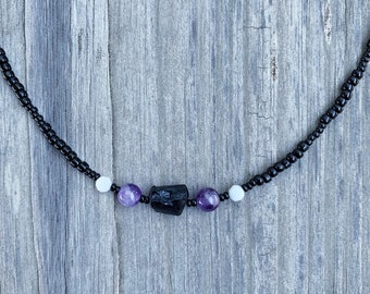 Black tourmaline amethyst and moonstone beaded necklace, crystal necklace, crystal choker, February birthstone protection necklace