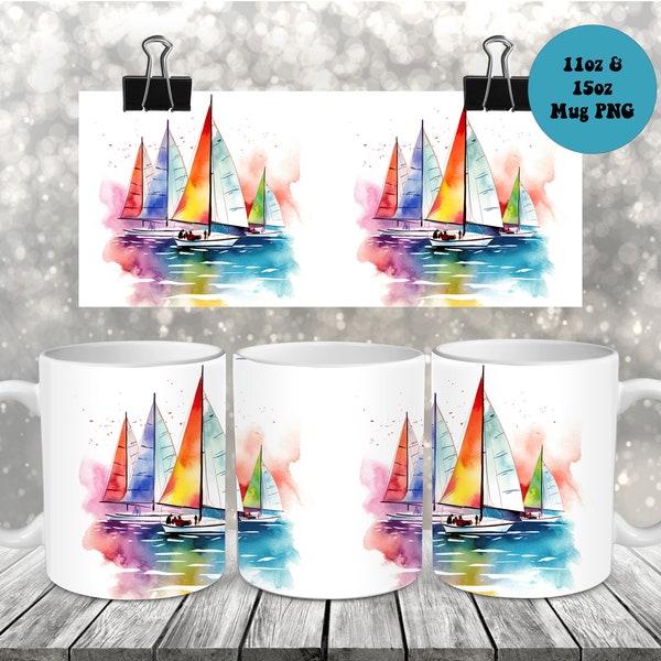 Sailing Mug PNG, 11oz and 15oz Mug PNG Sublimation, Mug Wrap, Sailboat and Sailing Mug Wrap PNG Watercolor 11 oz and 15 oz Mug Design Png