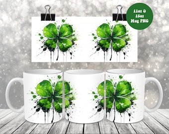Tazza con graffiti a forma di trifoglio per il giorno di San Patrizio, 11 oz e 15 oz, design a sublimazione PNG (download digitale)
