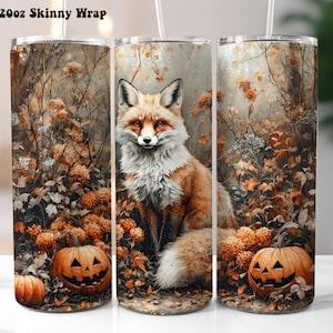 Fox Halloween Tumbler Wrap, 20oz Skinny Autumn Fall Tumbler Design PNG, Fox Animal Pumpkins Forest Woods Tumbler Wrap PNG Sublimation Design