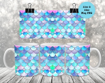Mermaid Mug Wrap, 11oz and 15oz Mug Sublimation, Mermaid Scales Tropical Beachy Mug Wrap PNG, Summer Beach Vacation Mug Wrap Design Png