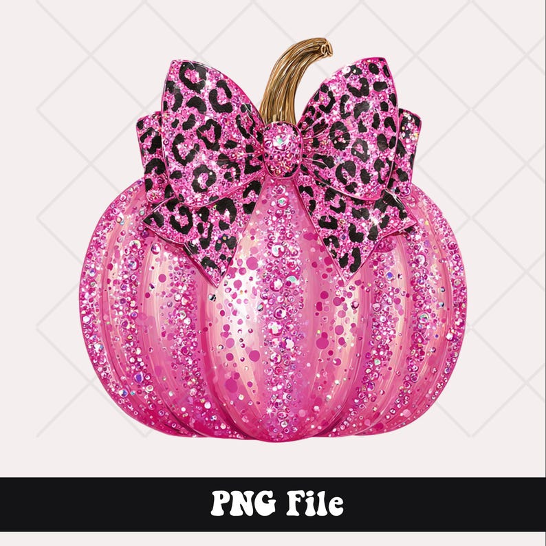 May include: A pink glittery pumpkin with a leopard print bow and stem. The pumpkin is covered in sparkling glitter and has a gold stem. The bow is a leopard print pattern. The text "PNG File" is at the bottom.