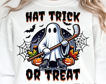 Hockey Halloween PNG, Sports Halloween PNG, Trending Spooky Ghost Png, Autumn Fall Hockey Player Funny Hat Trick or Treat Hockey Mom or Dad