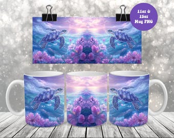 Sea Turtle Mug Wrap PNG, 11oz And 15oz Mug Wrap Template, Mug Sublimation Design, Ocean Turtle Hibiscus Flower Mug Wrap PNG Digital Download