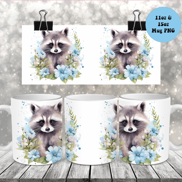 Raccoon Cute Watercolor Mug Wrap PNG, 11oz And 15oz Mug Wrap Template, Mug Sublimation, Raccoon Animal Mug Wrap PNG for Digital Download