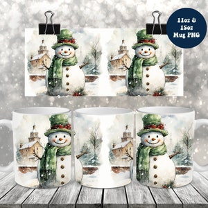 Watercolor Snowman Mug Wrap: 11oz and 15oz Christmas Mug Sublimation Design (PNG Digital Download)