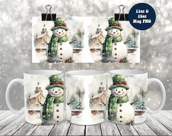 Aquarell Schneemann Becherverpackung: 11 Unzen und 15 Unzen Weihnachtstasse Sublimationsdesign (PNG Digital Download)
