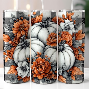Fall Pumpkins Retro Tumbler Wrap, 20oz Skinny Autumn Tumbler Design PNG, Fall Floral Pumpkins Seamless Tumbler Wrap Sublimation Design Png