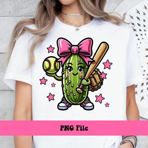 Softball Pickle PNG, Coquette Softball PNG, Girls Baseball Png, Pickle Playing Softball Coquette Bow  T-shirt Design PNG Sublimation Design