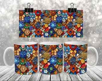 Mosaik Kunst Buntglas Becher Wrap PNG, 11 Unze und 15 Unze Becher Sublimation Digital, künstlerischer Becher Wrap Design Png, digitaler Download