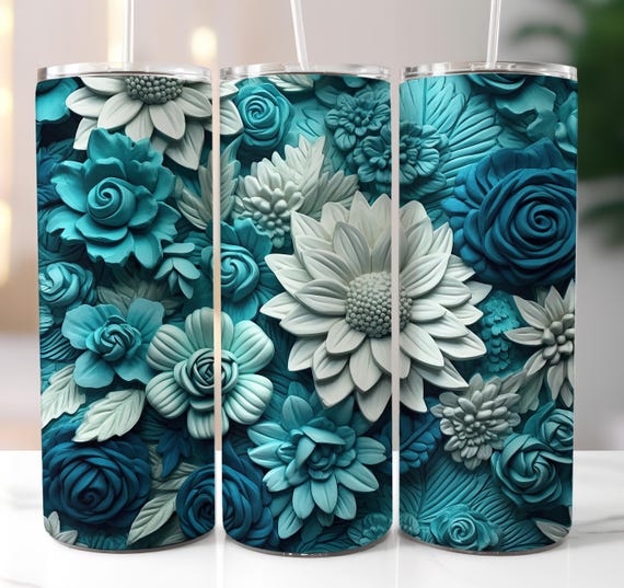 Blue 3d Flowers Tumbler Wrap, Floral 20oz Skinny Tumbler Sublimation Design PNG (Digital Download)