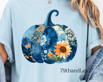 Fall Patchwork Pumpkin PNG, Autumn Faux Denim Pumpkin Png, Boho Floral Blue Pumpkin T-shirt Sublimation Design Png, Digital Download