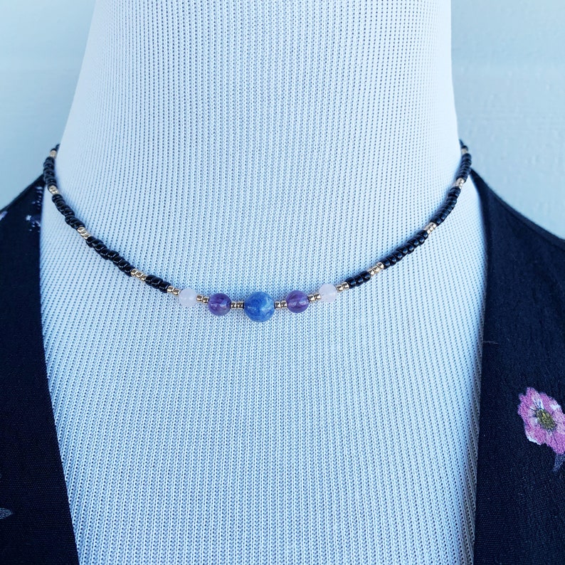 crystal necklace beaded choker anxiety necklace beaded necklace Sodalite amethyst and rose quartz beaded choker necklace