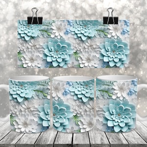 Blue and White Pastel 3D Flowers Mug Wrap, 11oz and 15oz Mug Sublimation Wrap, Floral Mug PNG, 3D Mug Wrap, 11 oz and 15 oz Mug PNG