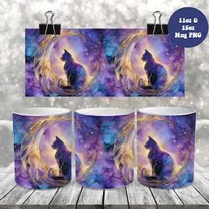 May include: White ceramic mug with a wraparound design featuring a blue and purple cat silhouette sitting inside a gold crescent moon. The mug has a celestial theme with stars and a watercolor background.