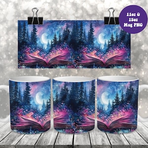 Book and Forest Mug Wrap PNG: Fantasy Artistic Bookish Watercolor Reading 11oz & 15oz Mug Wrap Png Sublimation Design (Digital Download)