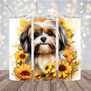 Shih Tzu and Sunflowers Tumbler Wrap 20oz Skinny Tumbler Sublimation Design Digital Download PNG Dog Mom Shih Tzu 20oz Tumbler PNG