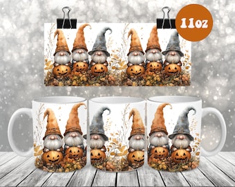 Halloween Gnomes Mug Wrap Png, 11oz and 15oz Mug Sublimation Design, Autumn Leaves Fall Gnomes Pumpkins Mug Wrap Png Mug Wrap Design Png
