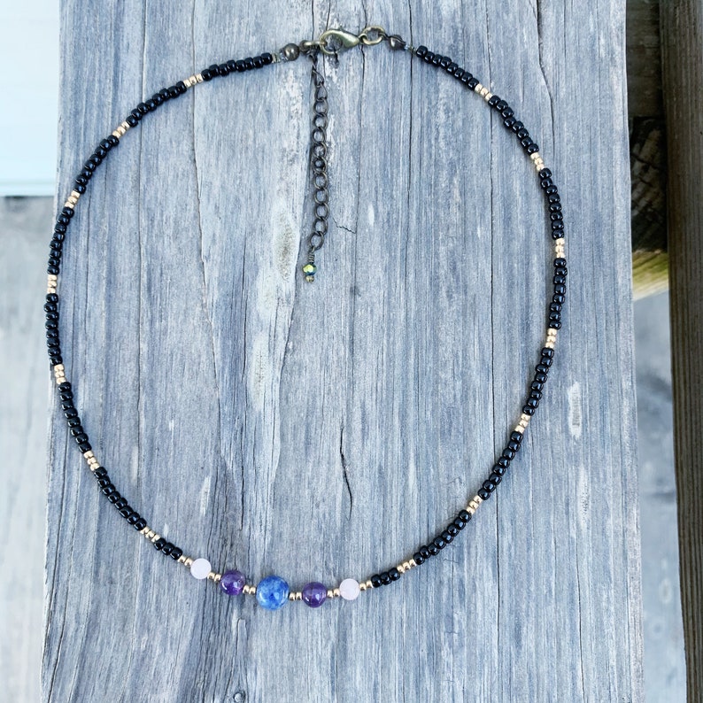 crystal necklace beaded choker anxiety necklace beaded necklace Sodalite amethyst and rose quartz beaded choker necklace