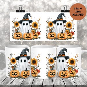 Witchy Ghost mokomslag, 11 oz en 15 oz mok sublimatie ontwerp png, Halloween pompoenen bloemen herfst herfst mokomslag png digitale download