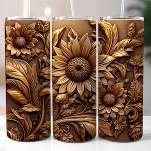 Sunflowers Tooled Leather 20oz Skinny Tumbler Wrap Png Tumbler Wrap Sublimation Design PNG Country Western Tumbler Wrap Design Png
