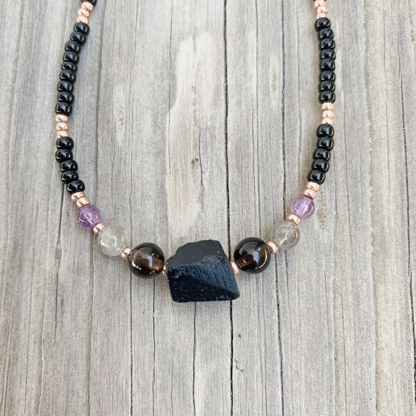 Tourmaline smoky quartz labradorite amethyst beaded choker necklace, crystal necklace, protection necklace, crystal choker