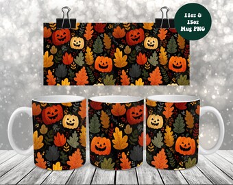 Halloween Autumn Fall Mug Wrap PNG, 11oz & 15oz Mug Wrap Sublimation Design Rustic Pumpkins and Autumn Leaves Mug Wrap (Digital Download)