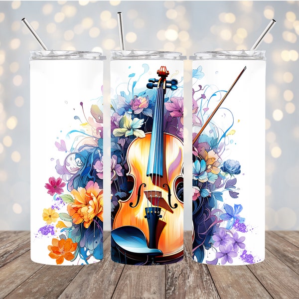 Violin Musician 20 oz Skinny Tumbler Wrap Sublimation Musical Instrument Tumbler Wrap Violin Music Floral 20oz Tumbler Wrap Design PNG